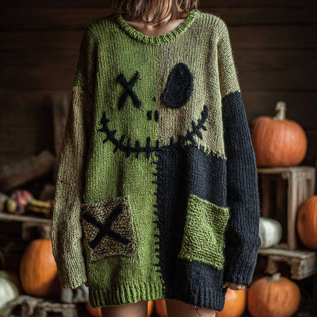 Halloween Spooky Face Contrast Stitching Comfortable Round Neck Knitted Sweater Dress