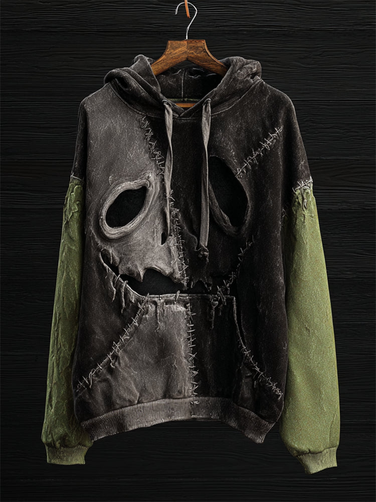 Halloween Spooky Face Colorblock Patchwork Hoodie