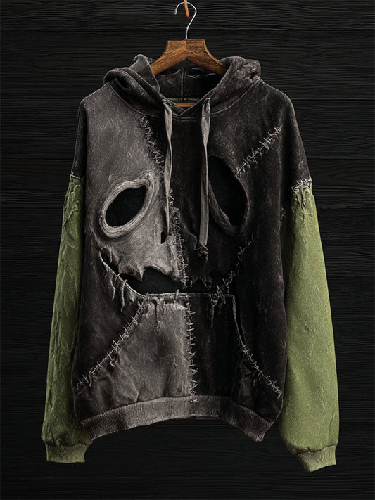 Halloween Spooky Face Colorblock Patchwork Hoodie