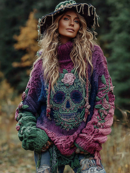 Women's Viking Tribal Jacquard Celtic With Rose And Skull Inspired Chunky Knit Turtleneck Sweater