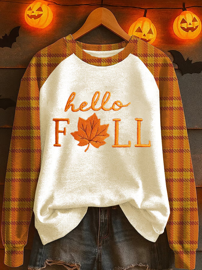 Women's Autumn Maple Leaf Contrast Print Crew Neck Sweatshirt
