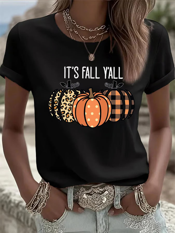 Women's It’s Fall Y’all Pumpkin Print Casual T-Shirt
