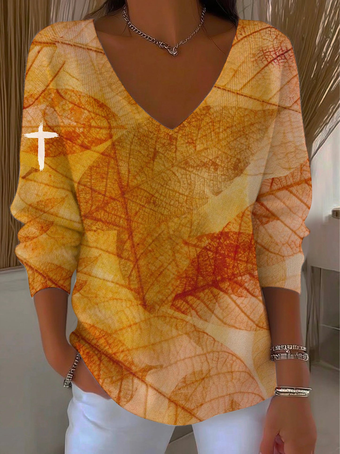 Women's Autumn Leaf Textured Print Casual V-Neck Top