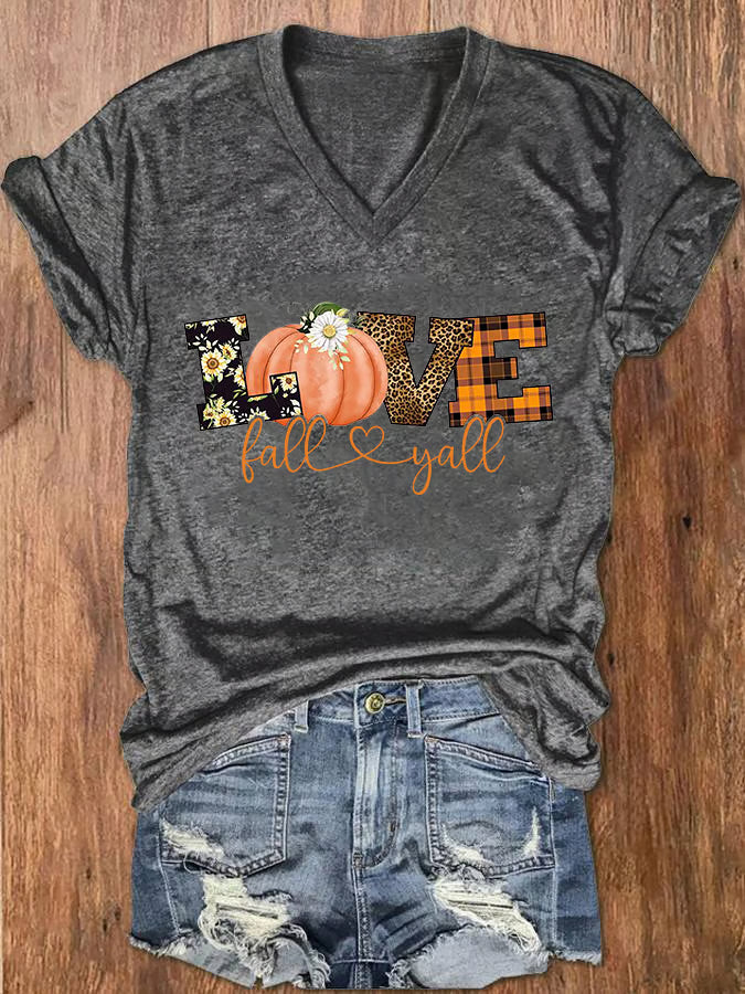 Women's Love Fall Y'all Print V-Neck Tee
