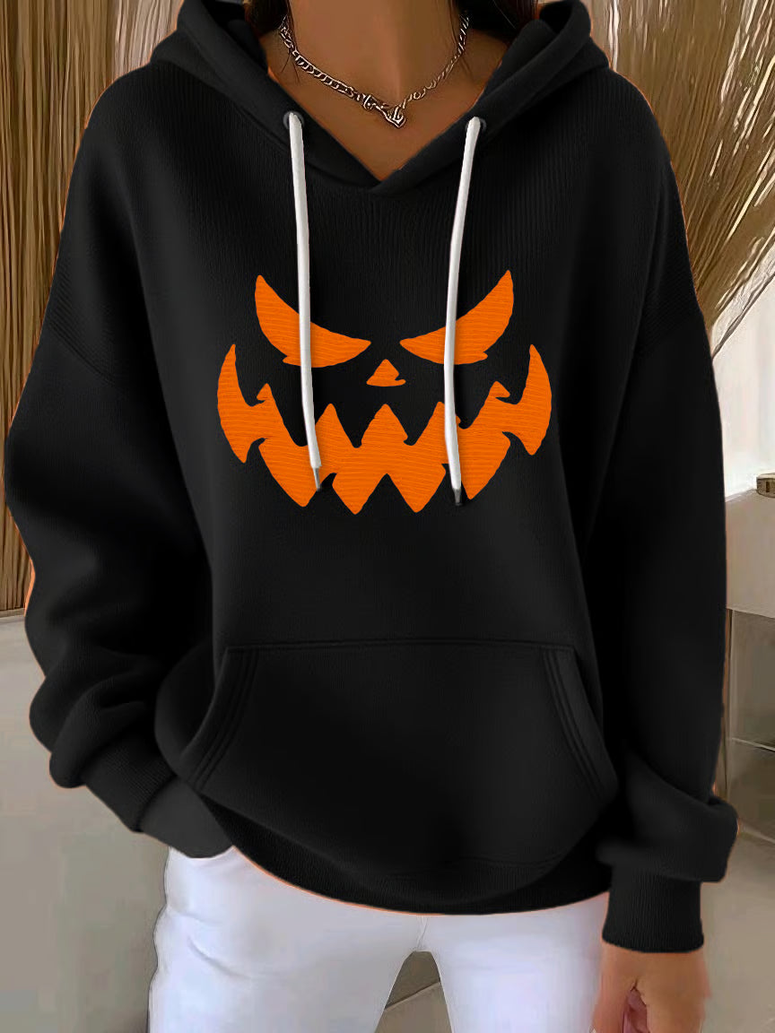 Women's Autumn Pumpkin Face Print Casual Hooded Sweatshirt