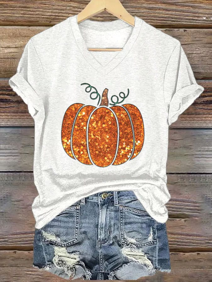 Women's Sequin Pumpkin Print Casual T-Shirt