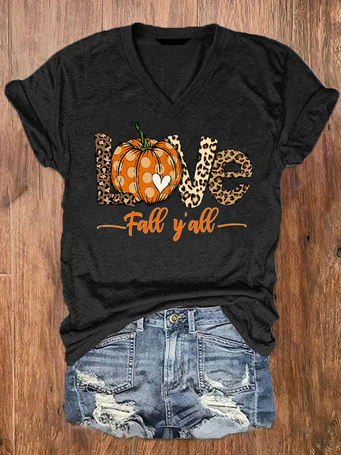 Women's IT'S FALL Y'ALL Print V-Neck Tee