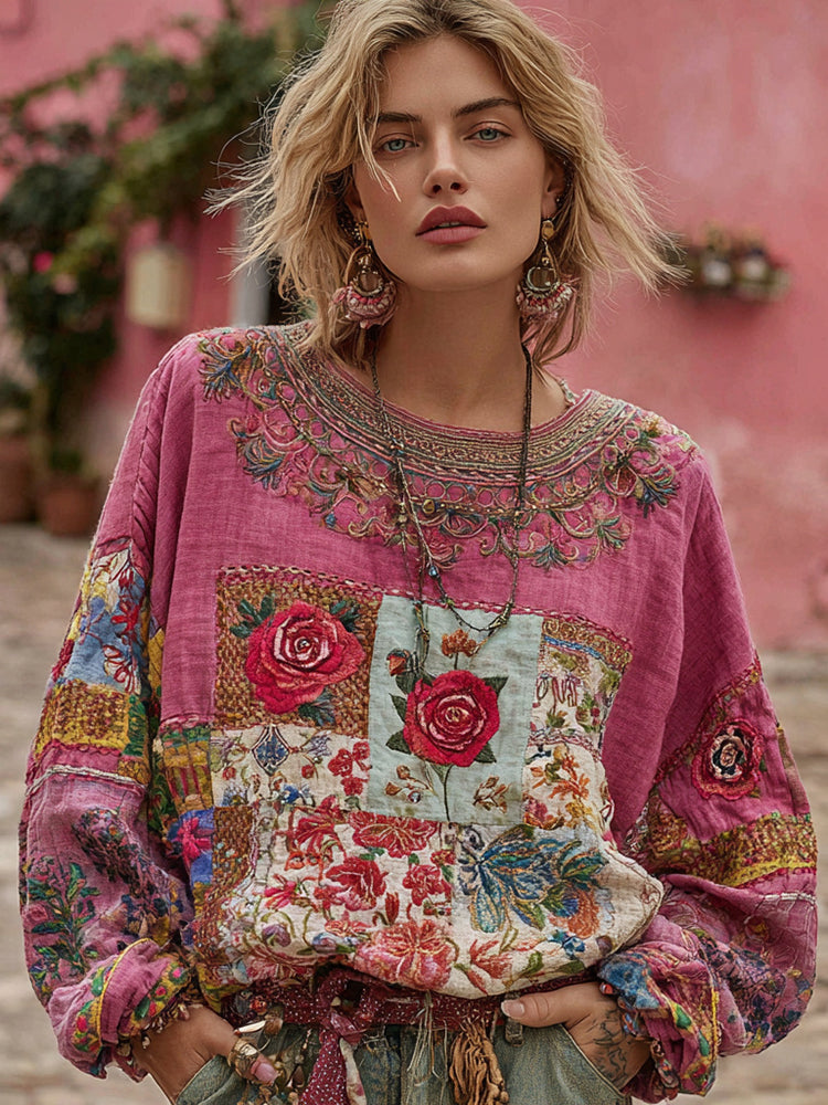 Women's Vintage Bohemian Rose And Floral Ethnic Embroidered Patchwork Linen Tunic