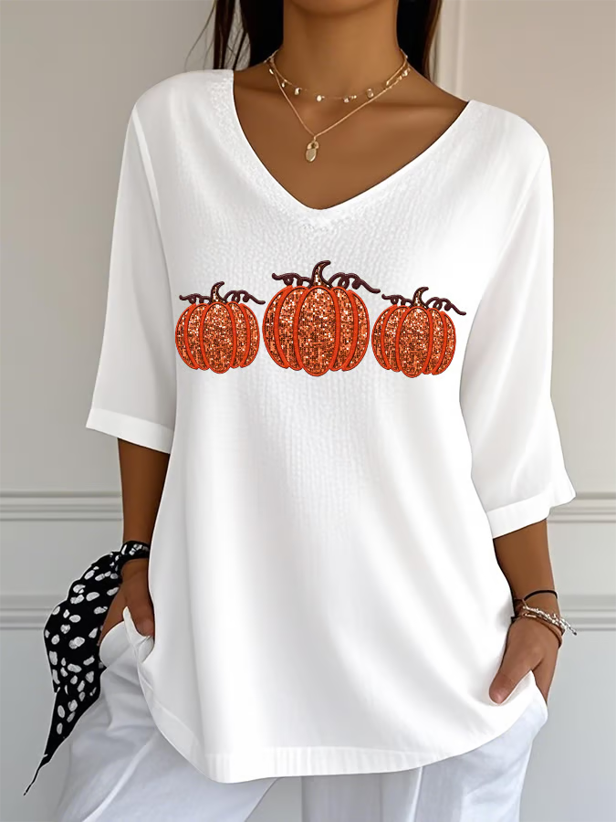 Women's Sequined Pumpkin Print Jacquard Fabric Casual V-Neck Top