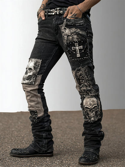 Men's Rock Style Skulls & Cross Studded Patch Stretchy Jeans