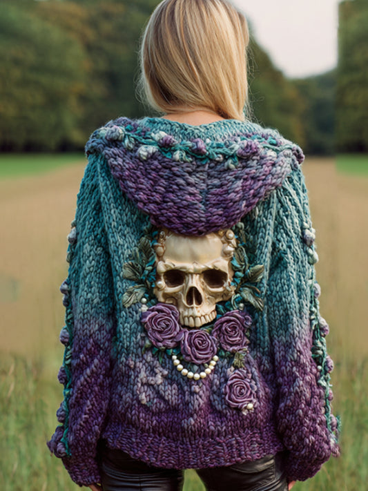 Women's Artistic Skeleton Rose Vintage Gradient Color Worn-out Hooded Sweater