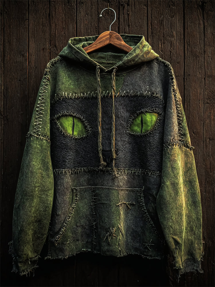 Halloween Black Cat Face Colorblock Patchwork Washed Hoodie