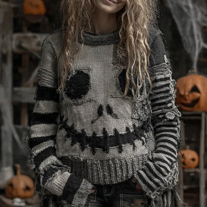 Halloween Pumpkin Face Patchwork Art Cozy Knit Sweater