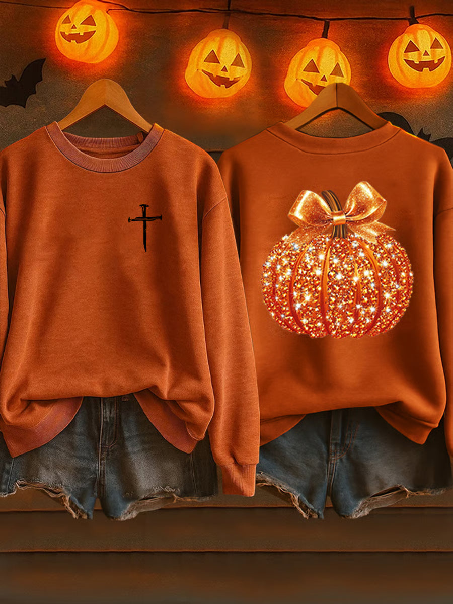 Women's Sequin Pumpkin Print Crew Neck Sweatshirt