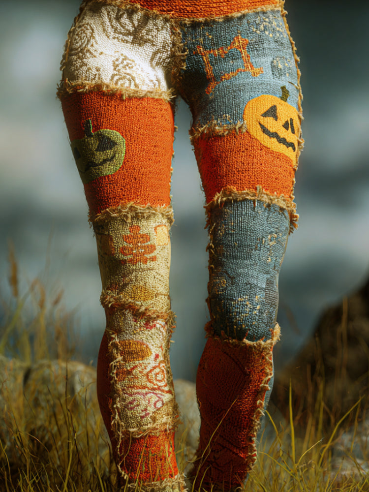 Halloween Funny Pumpkin Element Women's Knitted Tight-fitting Leggings