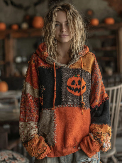 Halloween Pumpkin Patchwork Stitched Cozy Knit Hooded