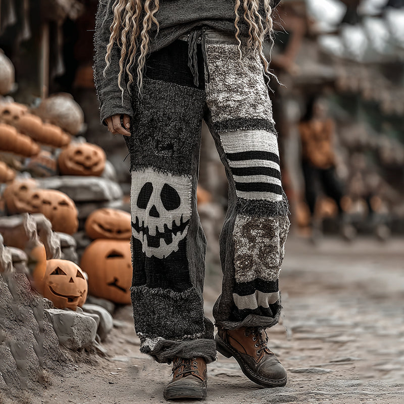Bohemian Halloween Themed Embroidered Contrast Color Patchwork Linen Pants