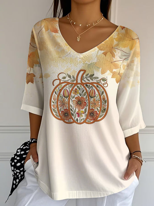 Women's Casual Autumn Maple Leaf Pumpkin Pattern Print Long Sleeve T-shirt