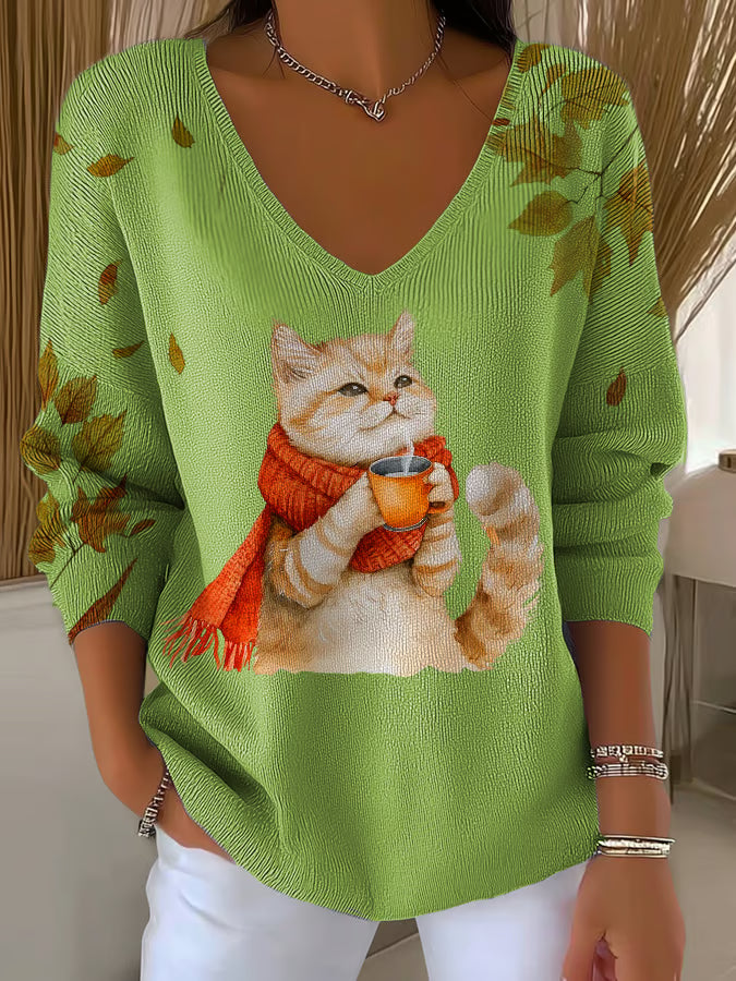 Women's Casual Autumn Animal Cat-Striped Long-Sleeved Top