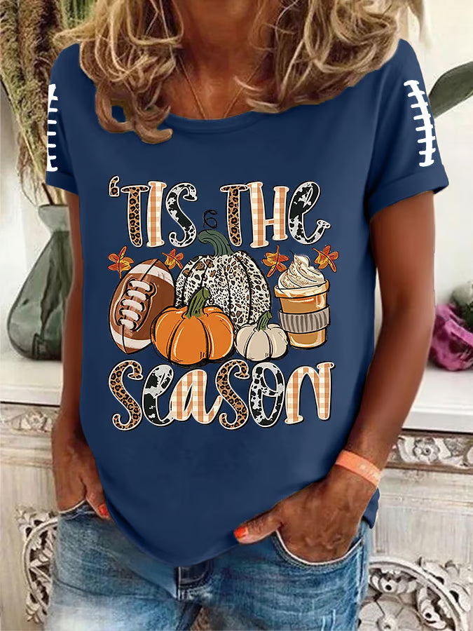 Women's FALL Football TIS THE SEASON Printed Round Neck T-Shirt