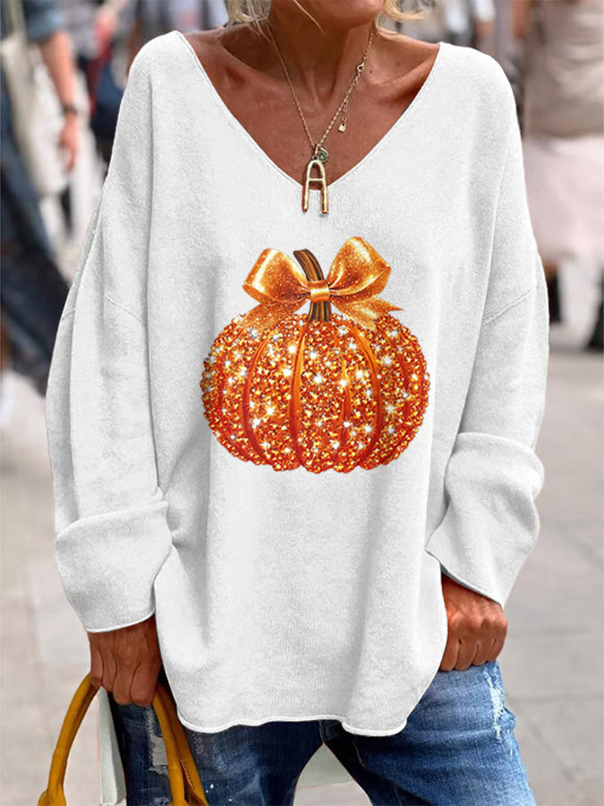 Women's Autumn Sequin Pumpkin Print Casual V-Neck Top