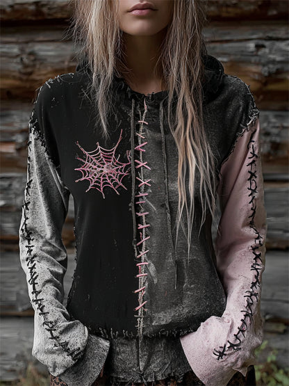 Halloween Spiderweb Stitched Colorblock Patchwork Washed Hoodie