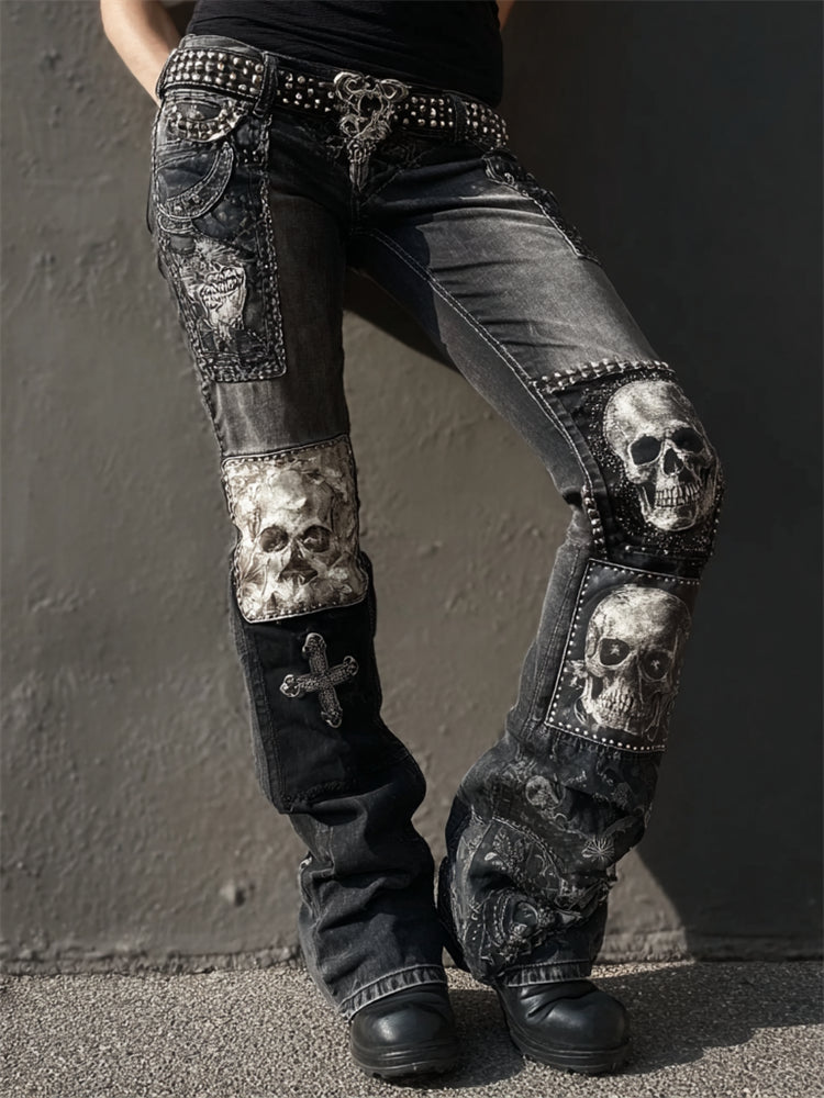 Rock Style Skulls & Cross Studded Patchwork Bootcut Jeans