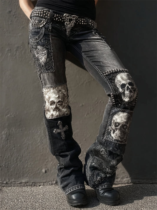 Rock Style Skulls & Cross Studded Patchwork Bootcut Jeans