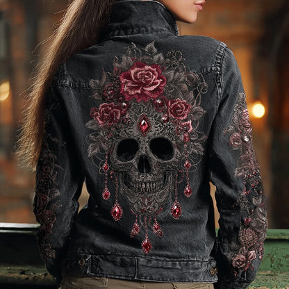 Women's Skeleton Rose Washed Long-sleeved Denim Jacket