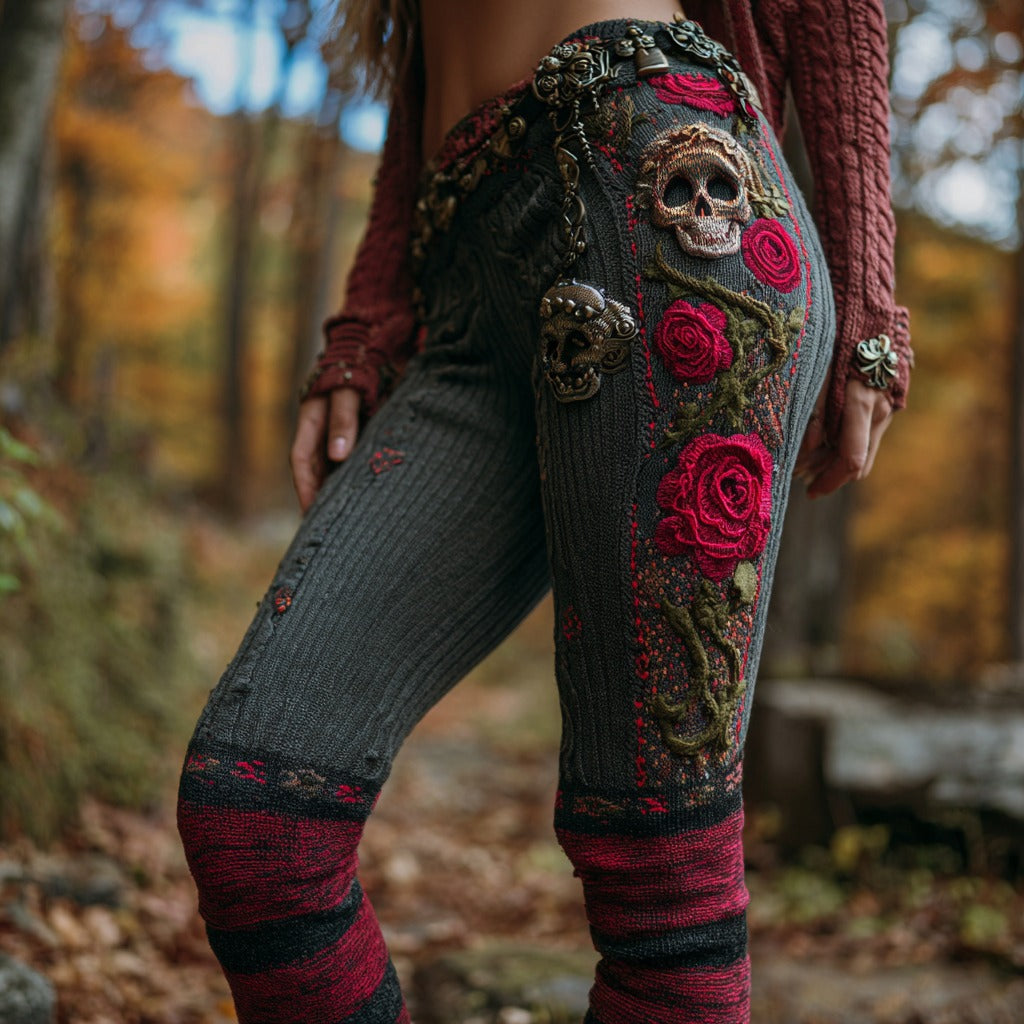 Women's Vintage Sugar Skull Rose Pattern Comfort Leggings