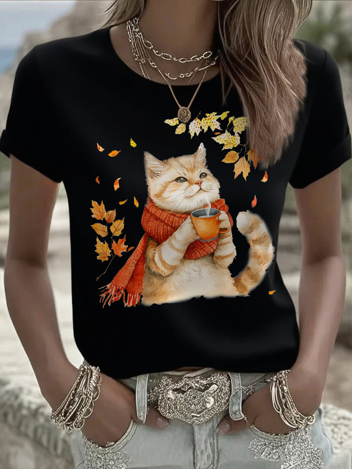 Women's Casual Autumn Animal Cat Print T-shirt