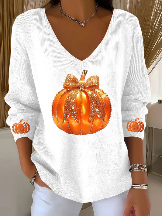 Women's Autumn Sequin Pumpkin Print V-Neck T-Shirt