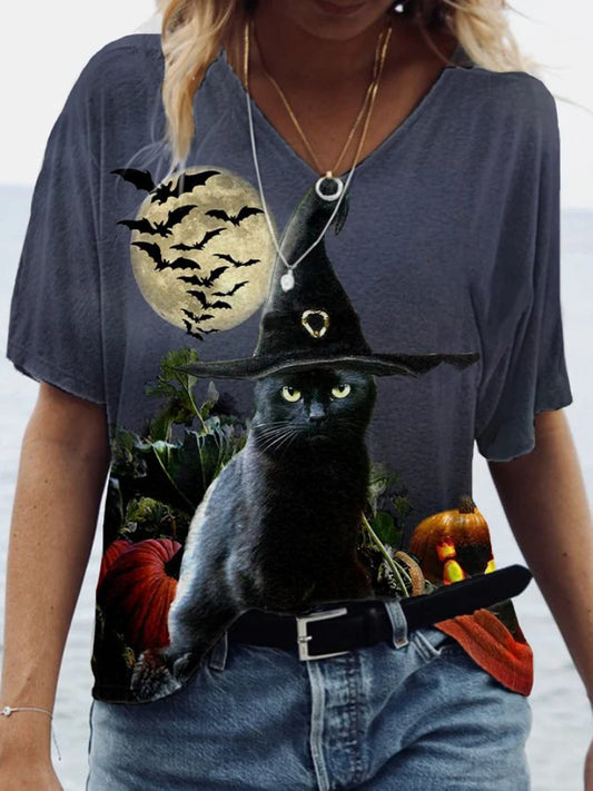 Women's Black Cat Casual T-Shirt
