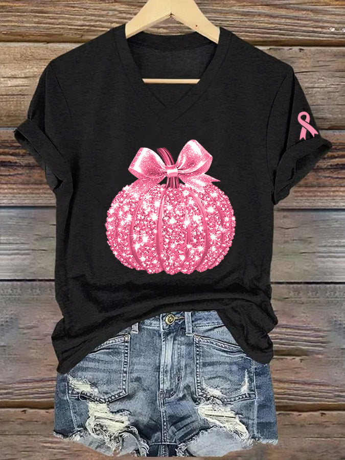 Women's Breast Cancer Sequined Pumpkin Print V-Neck T-Shirt