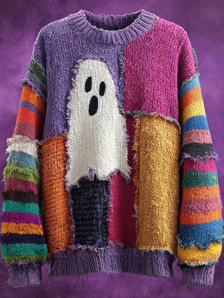 Halloween Spooky Ghost Inspired Patchwork Cozy Knitted Sweater