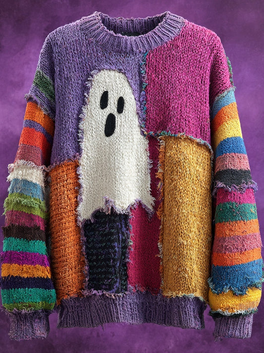 Halloween Spooky Ghost Inspired Patchwork Cozy Knitted Sweater