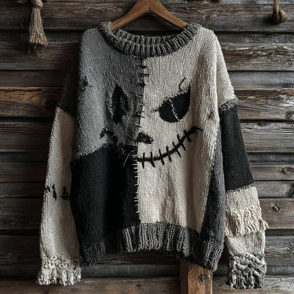 Halloween Spooky Face Contrast Stitched Cozy Knit Sweater