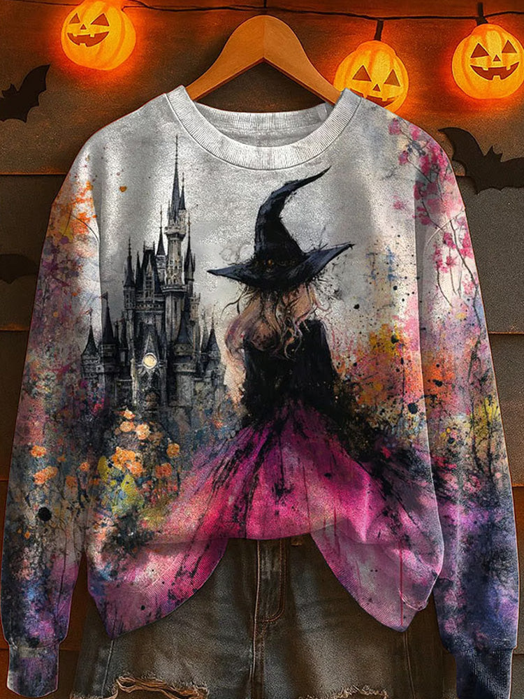 Women's Witch Art Print Round Neck Sweatshirt