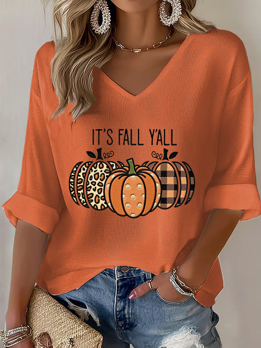 Women's It's Fall Y'all Pumpkin Print Casual T-Shirt