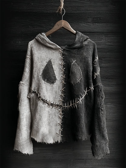 Halloween Spooky Face Contrast Stitched Linen Hoodie