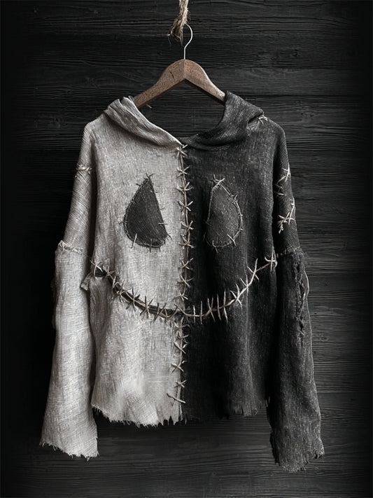 Halloween Spooky Face Contrast Stitched Linen Hoodie