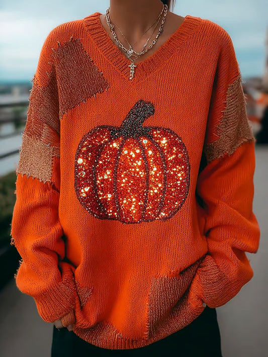 Women's Autumn Pumpkin Contrast Stitching Cozy Knit Sweater