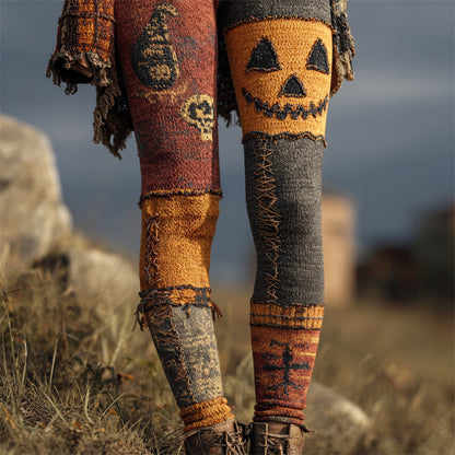 Halloween Pumpkin Face Patchwork Cozy Knit Leggings