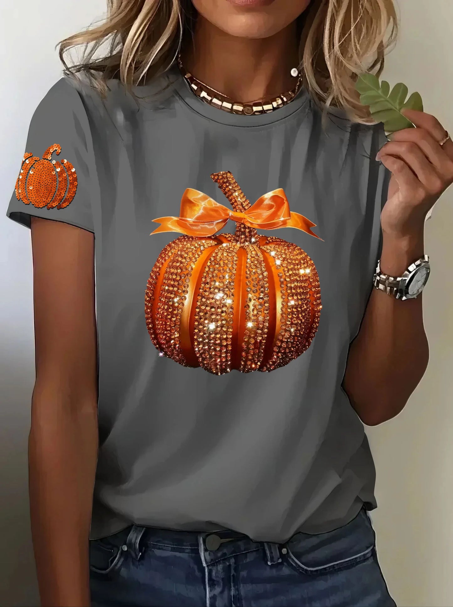Women's Autumn Sequined Pumpkin Print Crew Neck Short Sleeve T-shirt