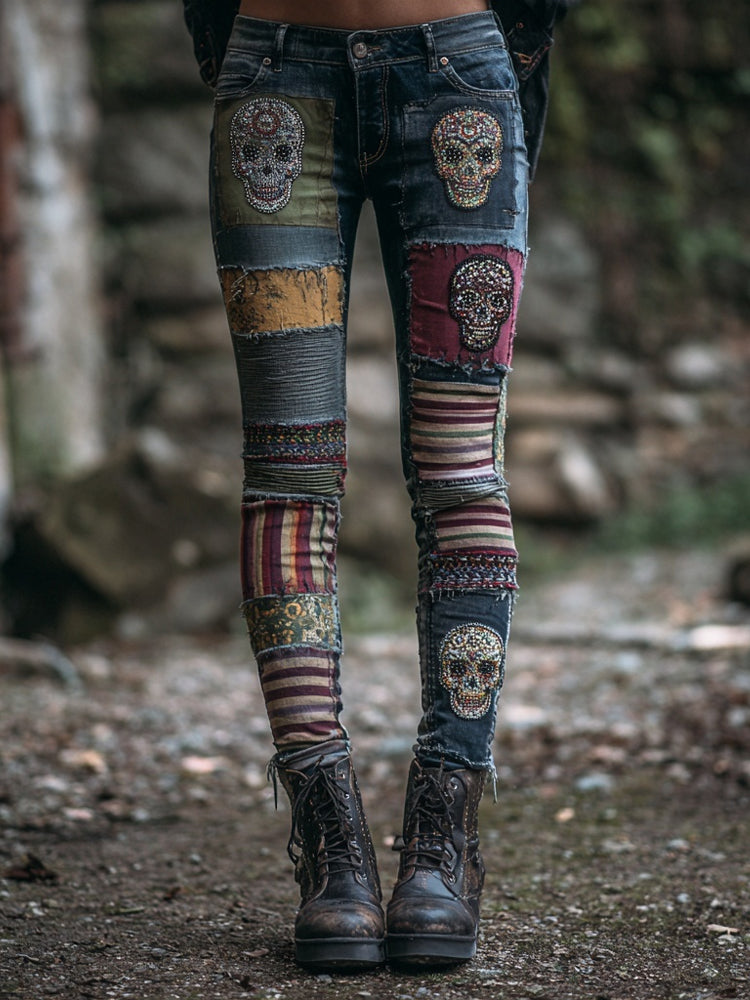 Halloween Skull Embroidered Vintage Patchwork Skinny Jeans