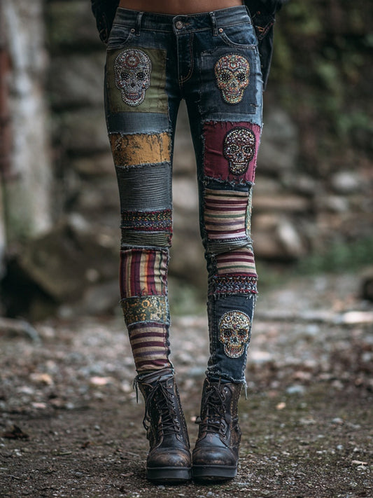 Halloween Skull Embroidered Vintage Patchwork Skinny Jeans