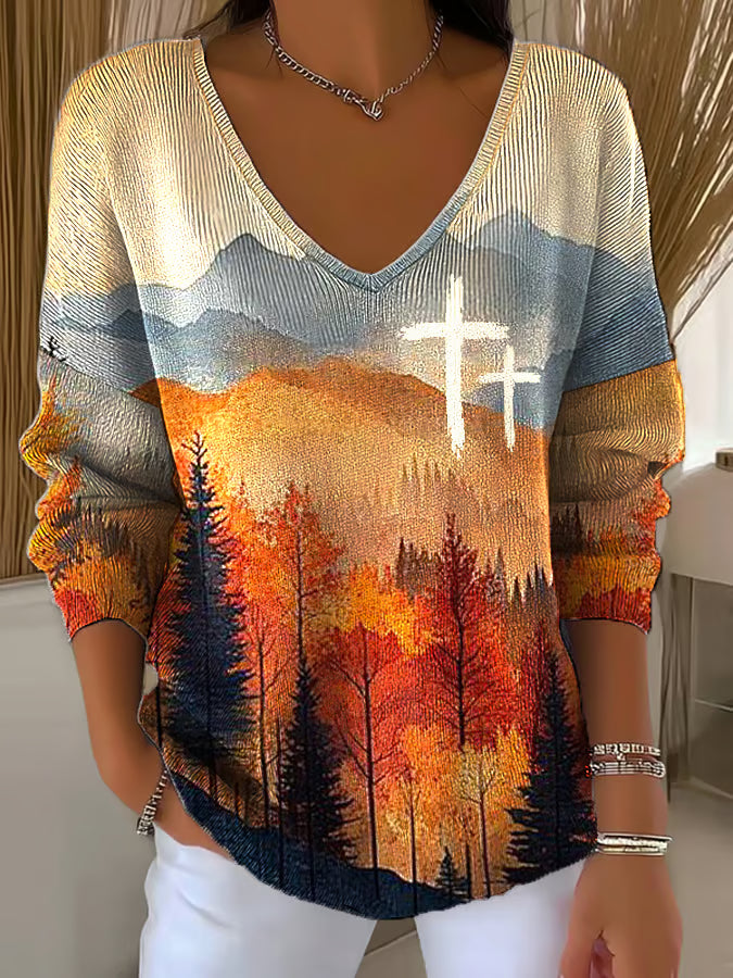 Women's Casual Autumn Forest Faith Cross Print Long Sleeve T-shirt