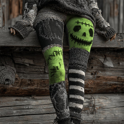 Halloween Stitched Face Contrast Patchwork Cozy Knit Leggings