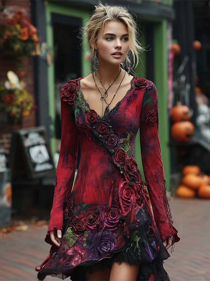 Retro Red Rose Embroidery Beaded Gradient Mini Dress