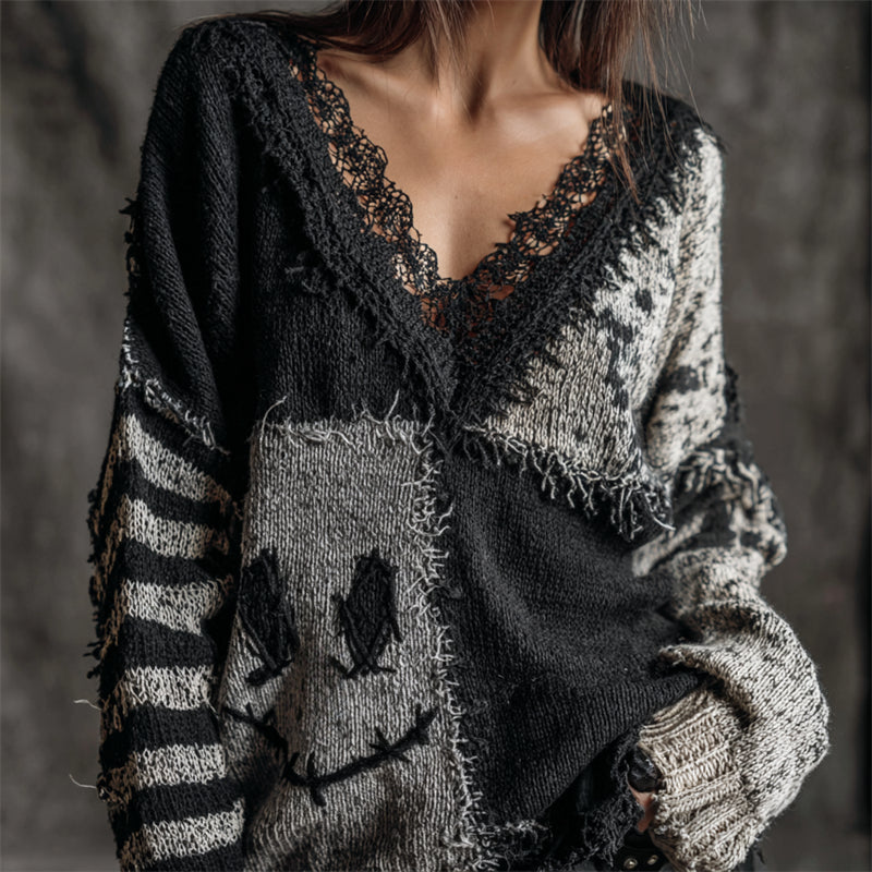Halloween Spooky Face Contrast Patchwork Cozy Knit Sweater